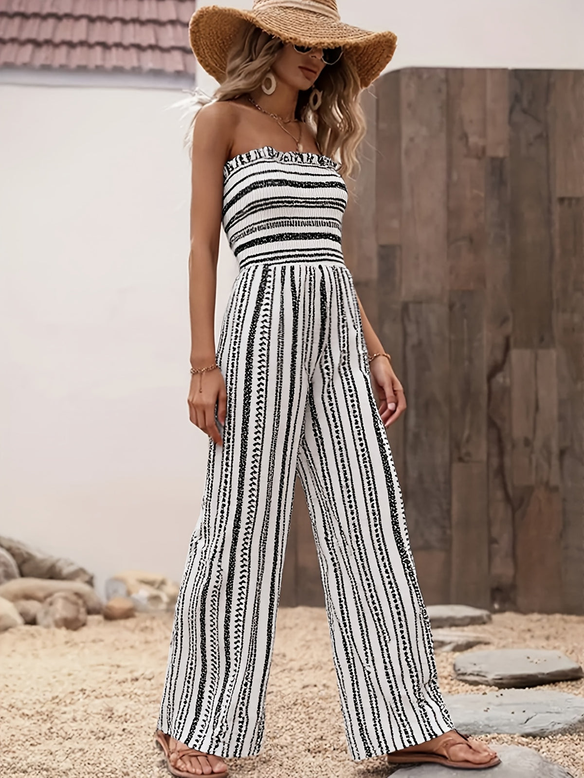 Strapless Striped Wide-Leg Jumpsuit Women Black White Smocked Tube Top Casual Loose Summer Vacation Romper S-XXL