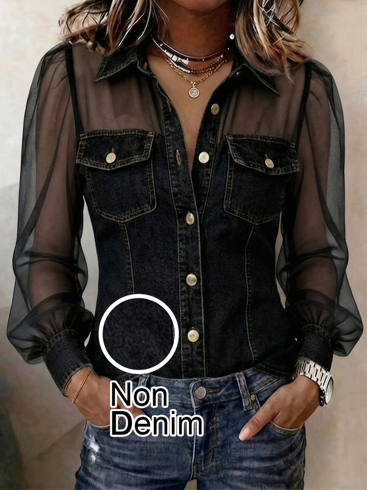 Sheer Mesh Sleeve Faux Denim Shirt Women Puff Sleeve Fitted Button Vintage Blouse Elegant Print Top Spring S-XXL