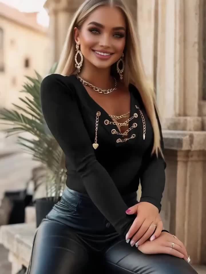 Metal Chain V-Neck Women Long Sleeve Top Slim Fit Elegant Casual Blouse Chic Embellished Spring Fall Winter Shirt