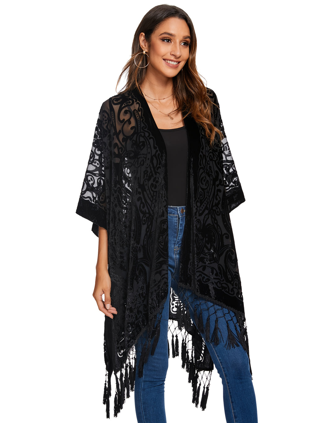 Boho Burnout Velvet Kimono Women Long Cardigan Cover Up Tassel Floral Embroidered One Size