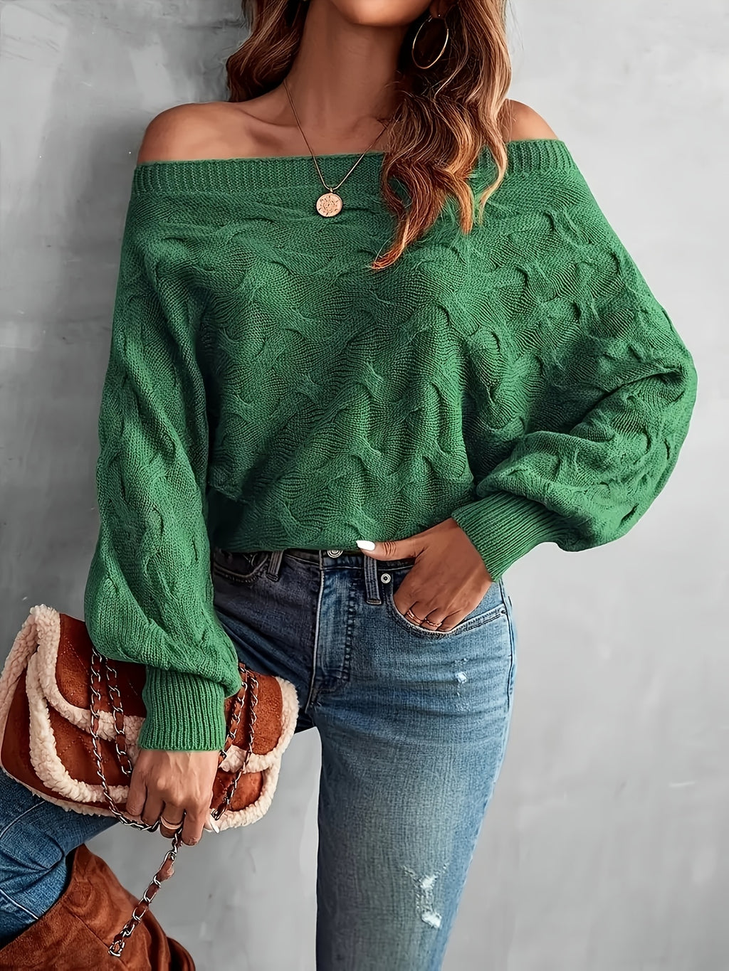 Off Shoulder Batwing Sleeve Knit Sweater Women Solid Green Oversized Pullover Top - Casual Relaxed Fit All Season Knit
