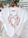 Pink Floral Heart Pattern T-Shirt Women Loose Fit Crew Neck Retro Short Sleeve Casual Top Micro Stretch Wardrobe Essential Spring Summer Autumn S-XXL