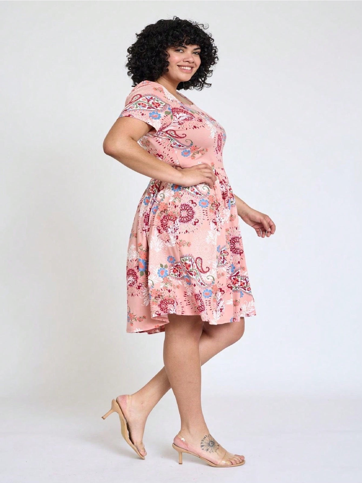 Paisley Floral Swing Dress Women Chevron Stripe Patchwork Pleated Square Neck Elastic Waist Midi Casual Plus Size S-3X