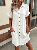 V-Neck Button Shirt Dress Women Short Sleeve Casual All-Season Lightweight Collar Dress
