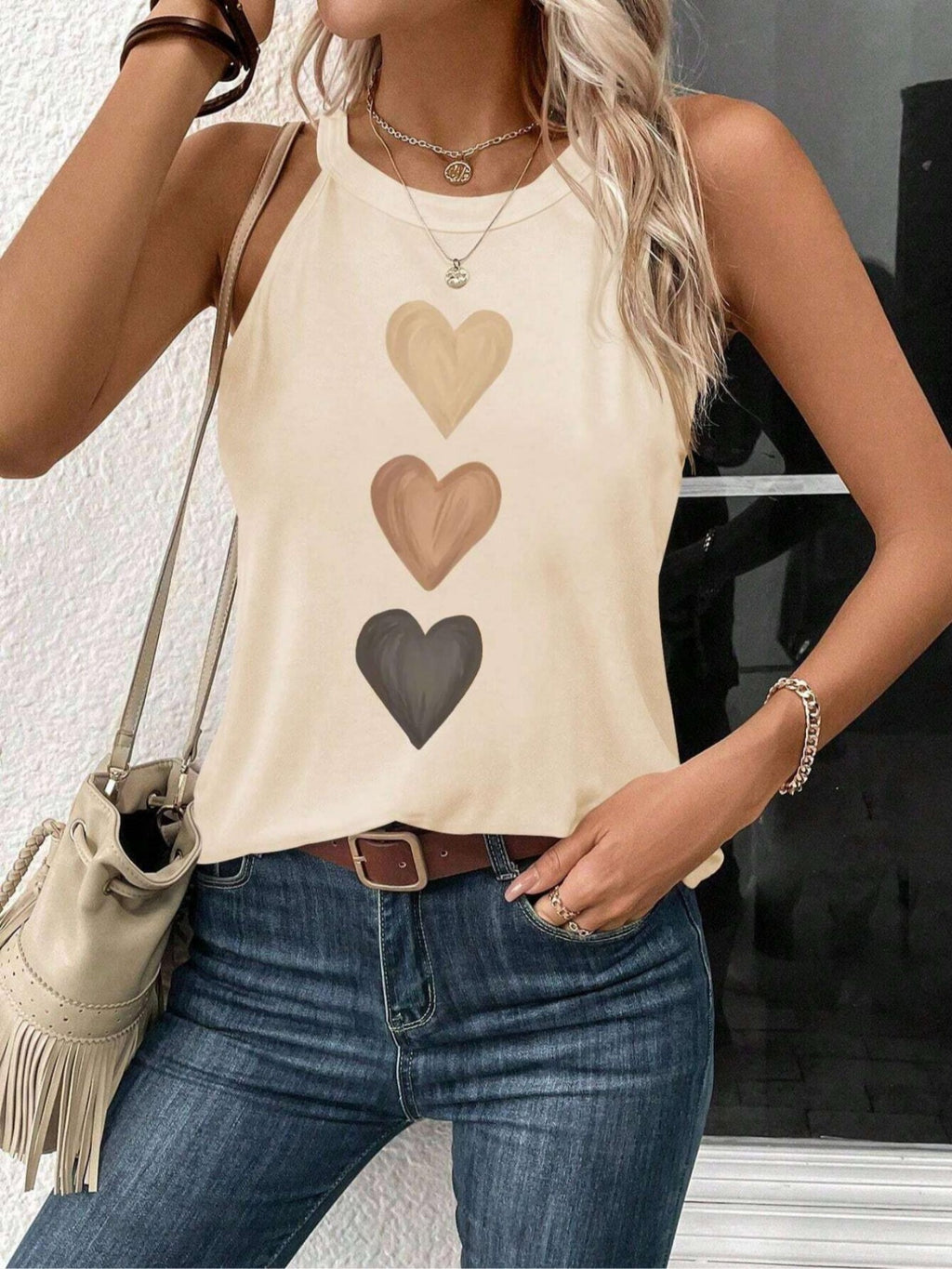 Heart Print Tank Top for Women | Cute Sleeveless Vest Shirt | Round Neck Casual Summer Top | Lightweight Polyester Graphic Tee Women White