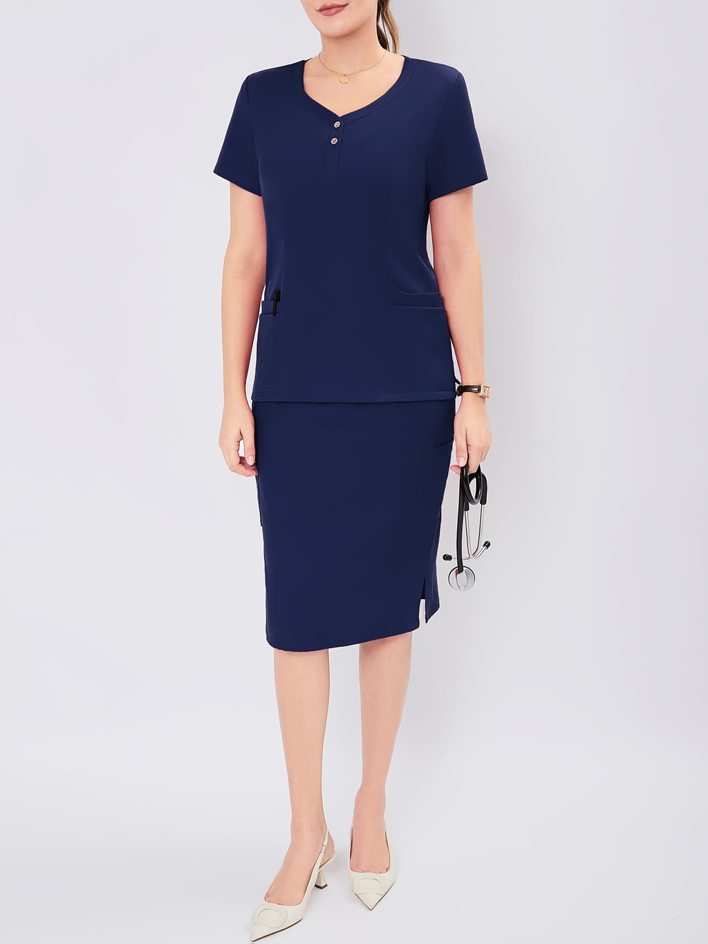 Women's V-Neck Scrub Set Short Sleeve Medical Uniform Beauty Salon Polyester Solid Color Top & Skirt with Pockets