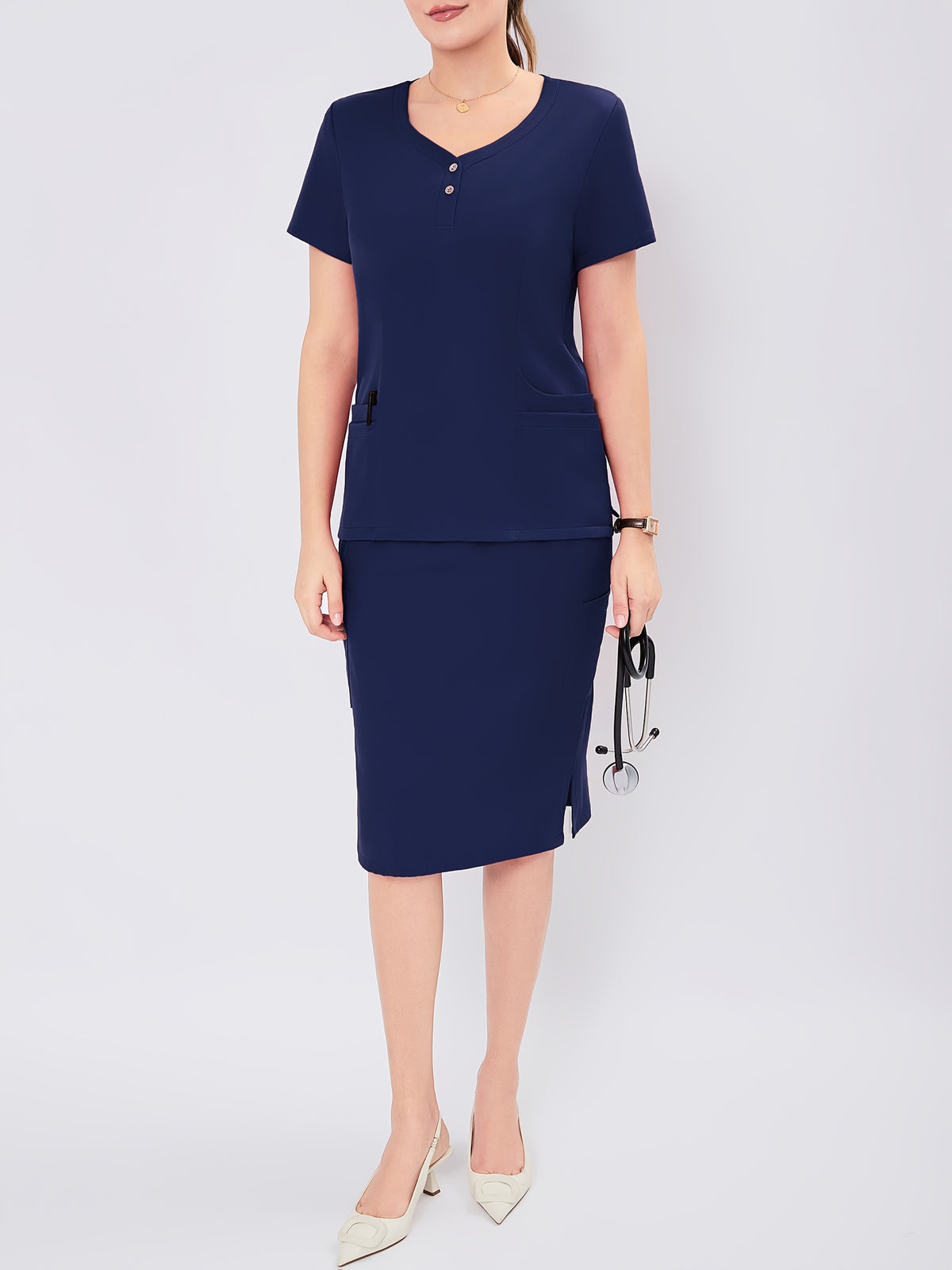 Women's V-Neck Scrub Set Short Sleeve Medical Uniform Beauty Salon Polyester Solid Color Top & Skirt with Pockets