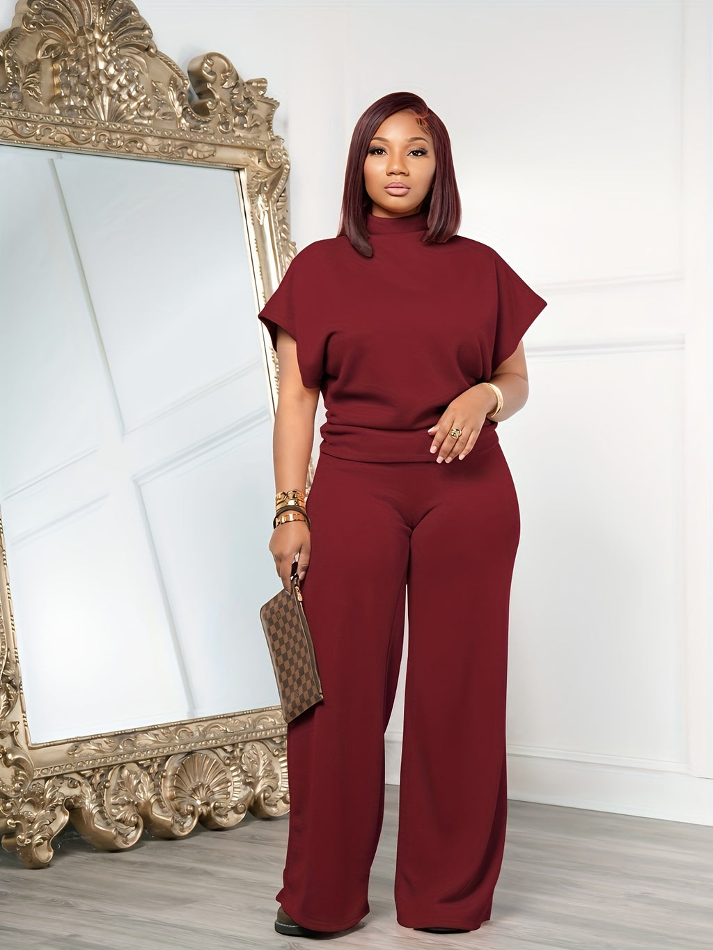 Women's Casual Sports Two-Piece Set Short Sleeve Semi-High Neck Loose Top + Wide-Leg Pants | Athleisure Tracksuit Coord for Spring Summer Daily Wear Lounge