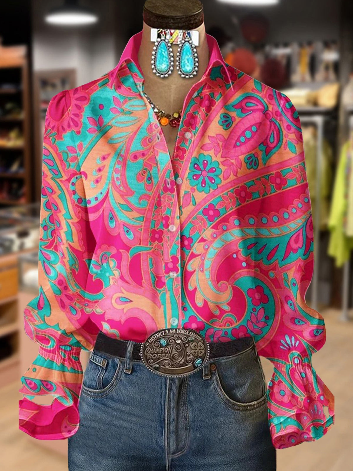 Paisley Print Lantern Sleeve Blouse Women Boho Chic Summer Top Hot Pink Teal Multicolor Party Shirt S-XL
