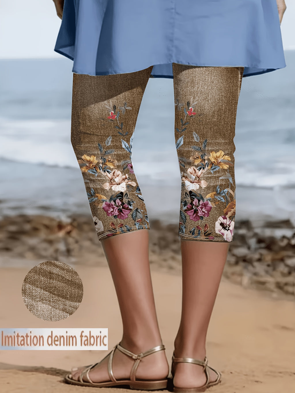 Faux Denim Print Capri Leggings for Women – Imitation Denim Floral Pattern 3/4 Length, Mid-Stretch Knit, Elegant Party Vacation Commute, 5 Colors S-XXL