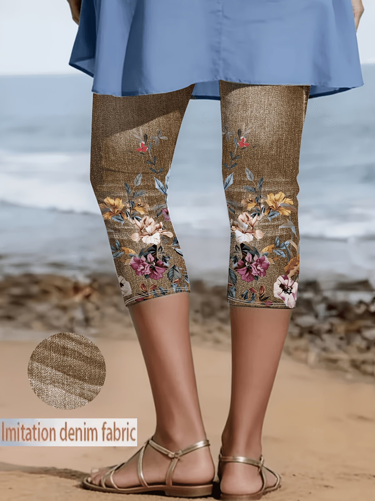 Faux Denim Print Capri Leggings for Women – Imitation Denim Floral Pattern 3/4 Length, Mid-Stretch Knit, Elegant Party Vacation Commute, 5 Colors S-XXL