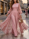 Puff Sleeve High Waist Slim Jumpsuit for Women Elegant Round Neck Long Overlay One Piece Outfit Pink Date Business Socialite S-XXL