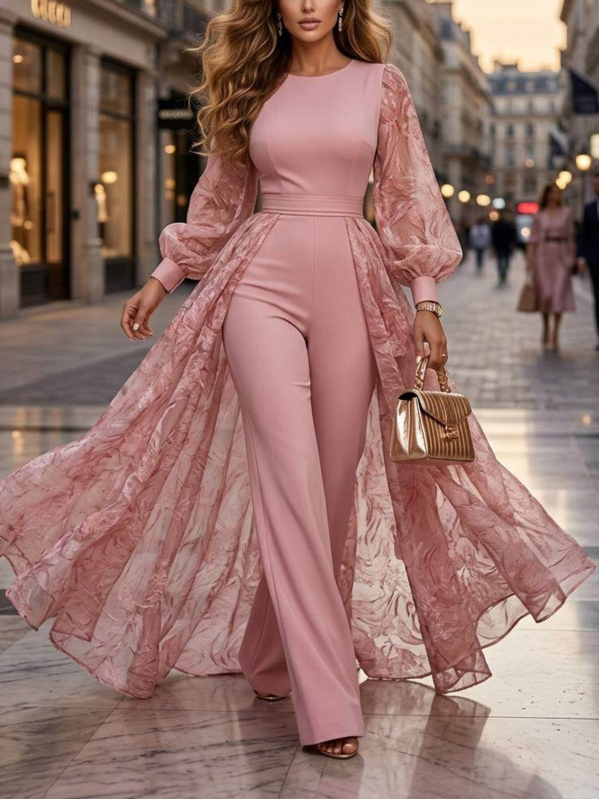 Puff Sleeve High Waist Slim Jumpsuit for Women Elegant Round Neck Long Overlay One Piece Outfit Pink Date Business Socialite S-XXL