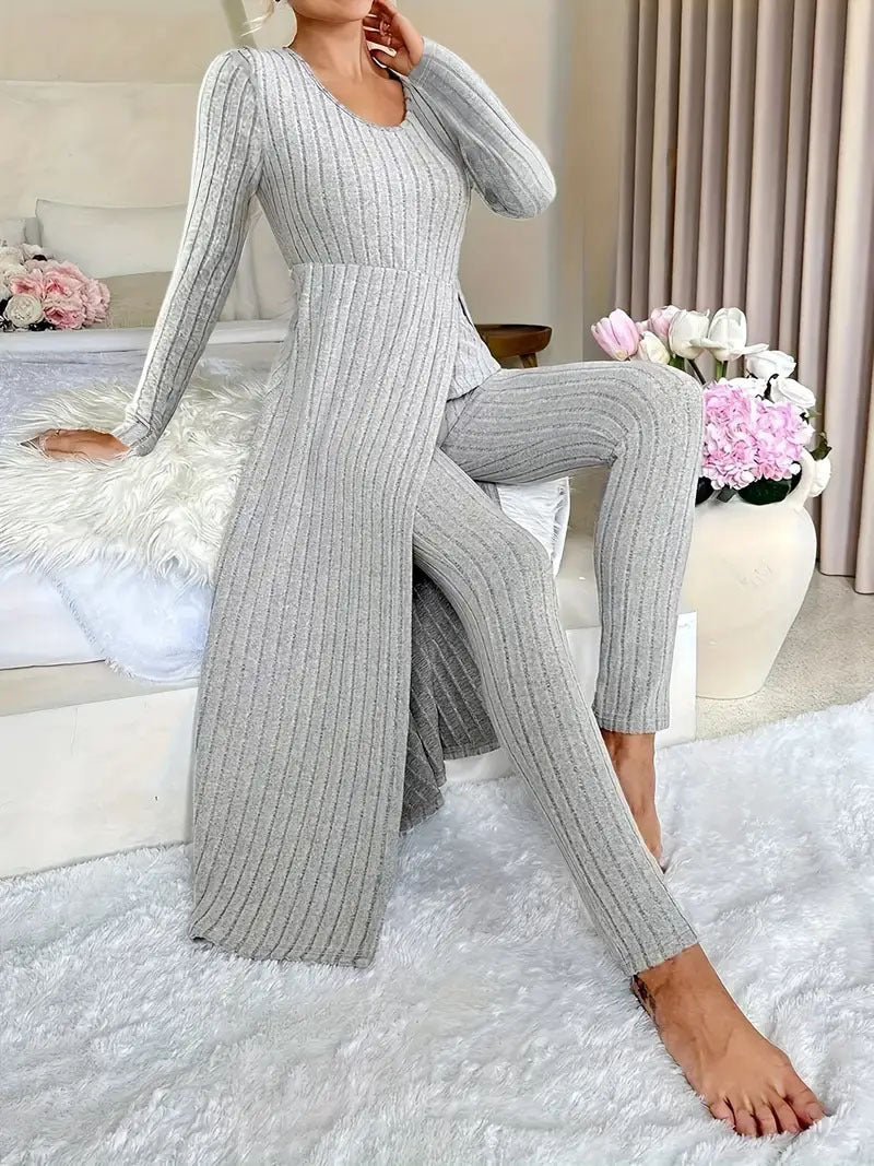 Heavyweight Fleece Lounge Set Women Oversized Long Sleeve Wide-Leg Pants Cozy Winter Two-Piece Ribbed Minimalist S-XL