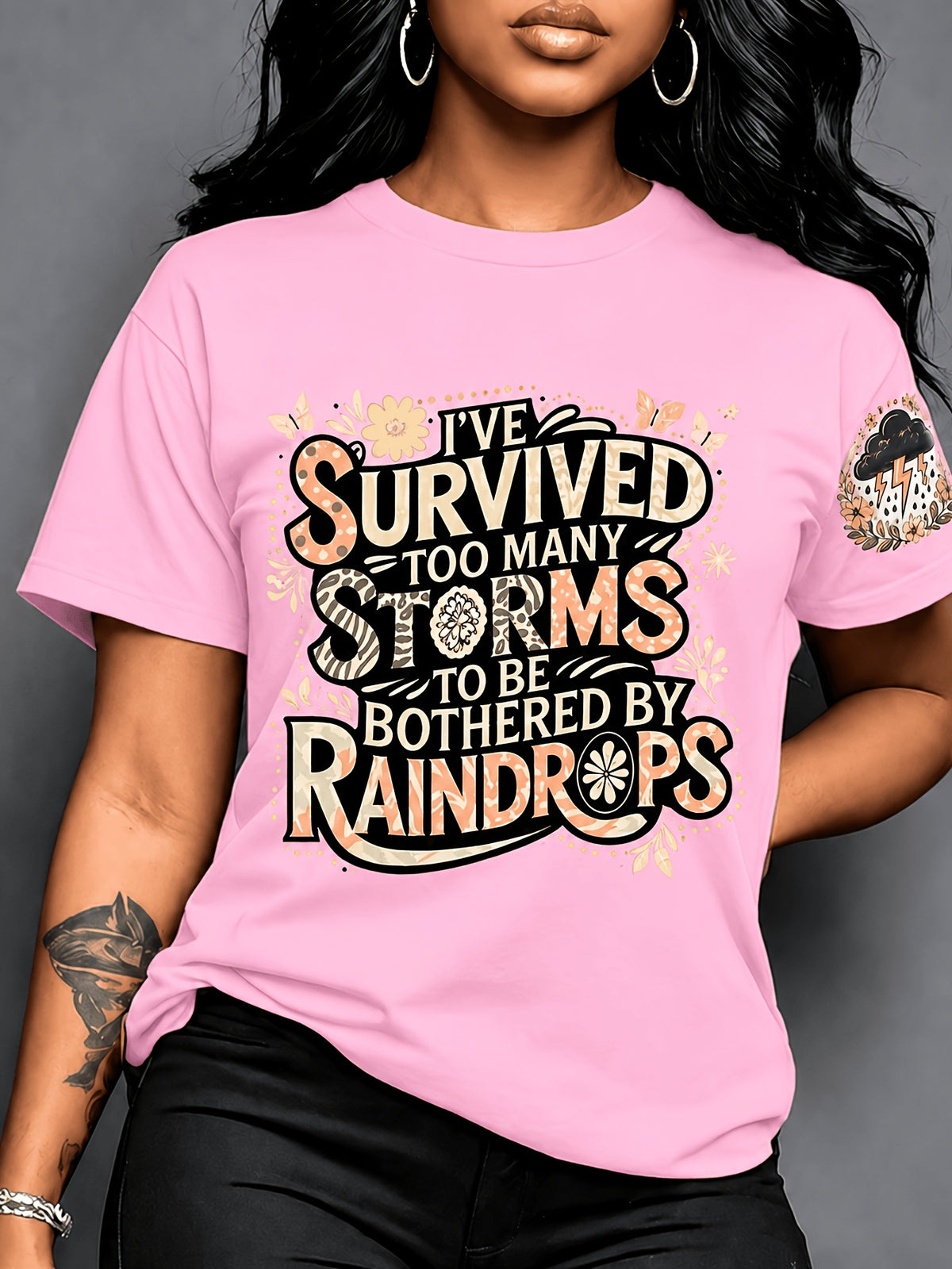 Women's Casual Graphic Crew Neck T-Shirt 'I've Survived Too Many Storms' Print | Maternity Clothes Ladies Top Opaque Fabric Seasonal Fashion