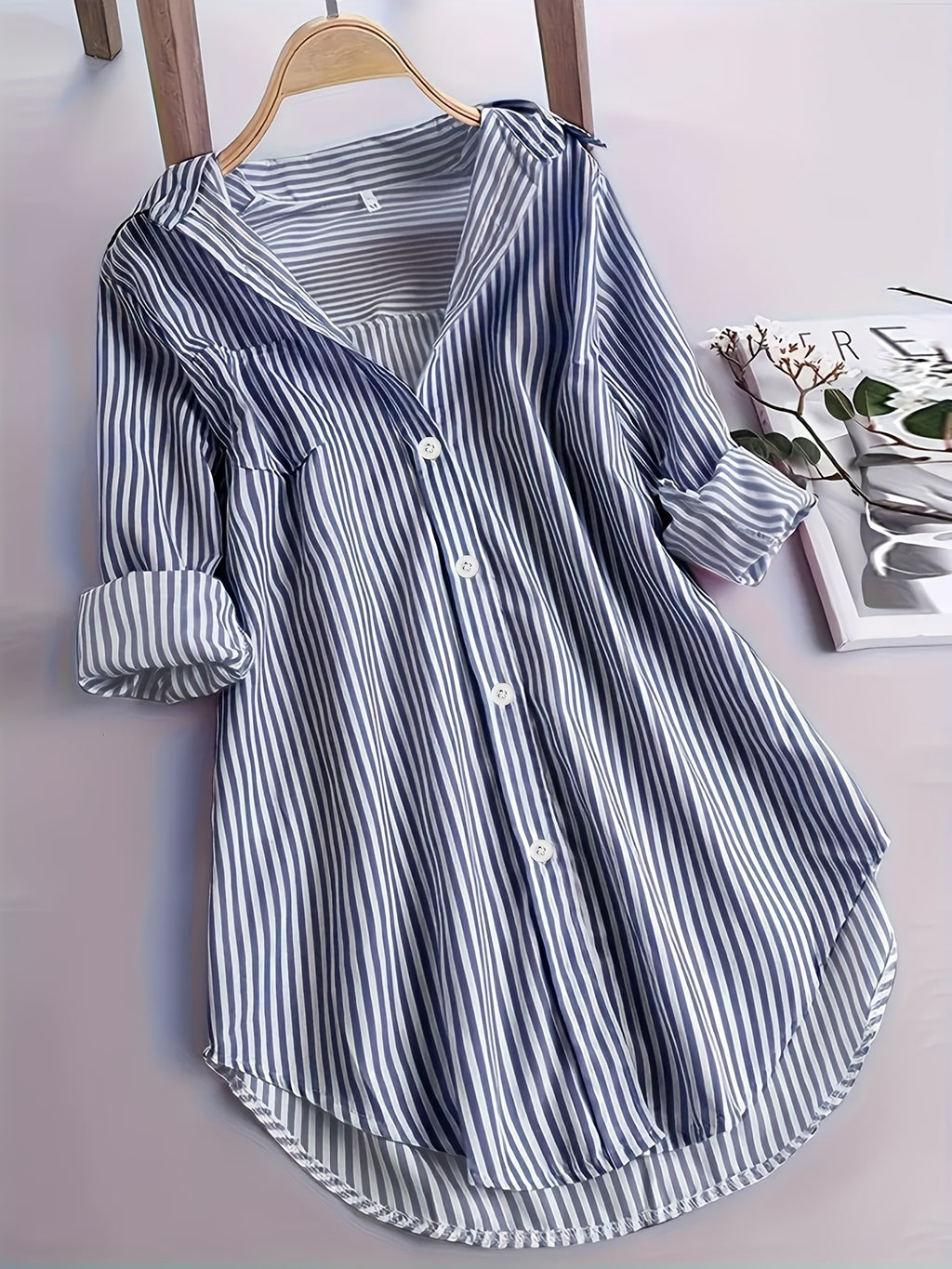 Striped Long Sleeve Shirt Women Loose Fit Woven Casual Blouse Spring Fall Top 2 Colors S-XXL