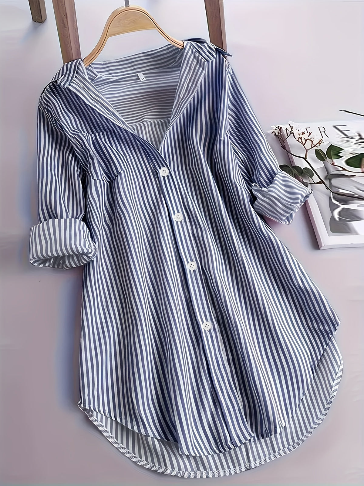 Striped Long Sleeve Shirt Women Loose Fit Woven Casual Blouse Spring Fall Top 2 Colors S-XXL
