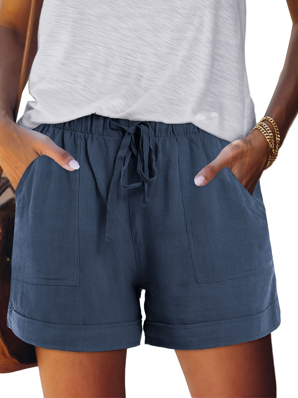 Women's Drawstring Elastic Waist Casual Shorts with Pockets Summer Beach Lightweight Loose Fit Short Pants Pure Color S-XXL