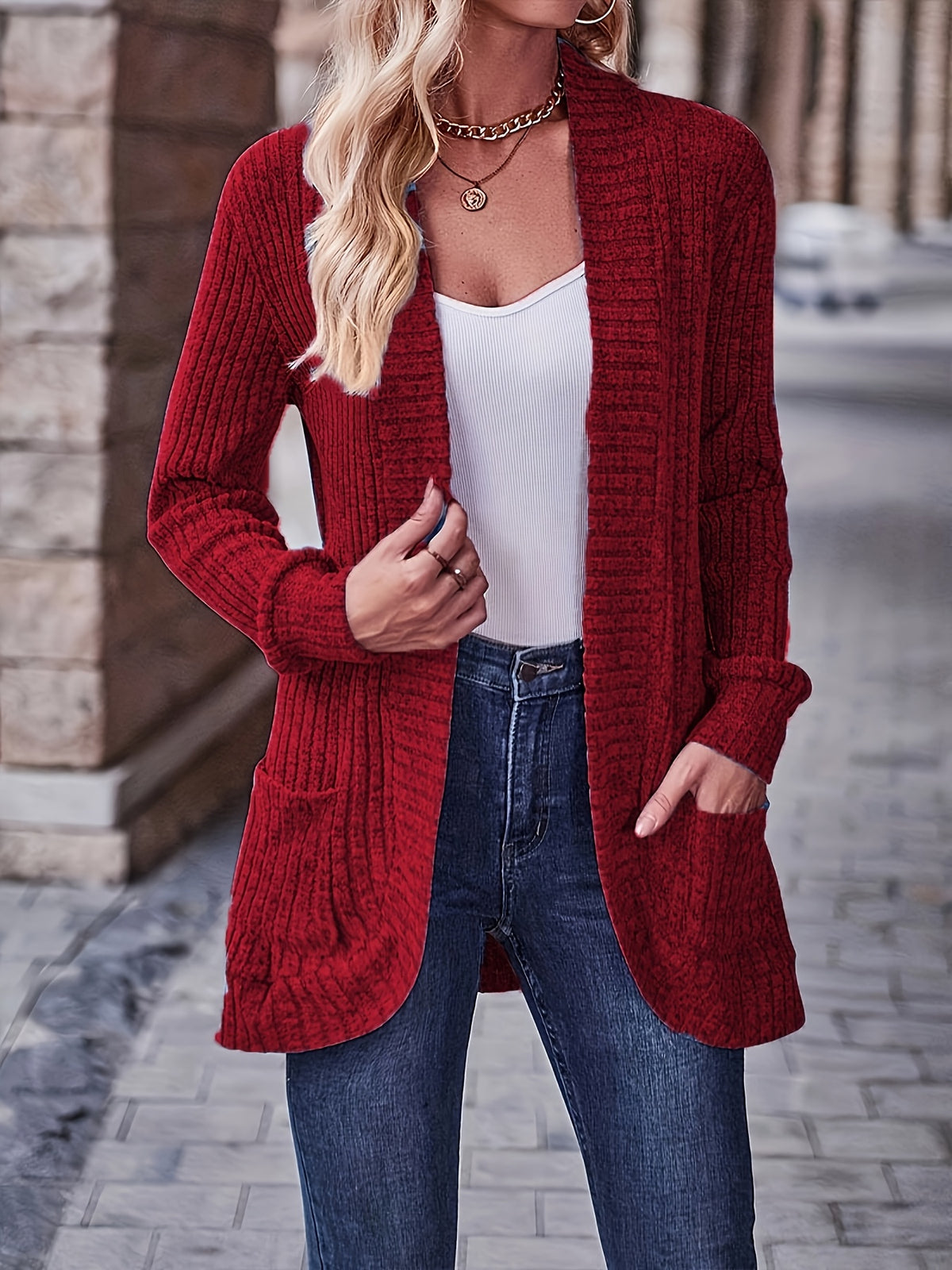 Cardigan Collar Loose Blouse Women Knit Pocket Long Sleeve Solid Color Casual Elegant Top 10 Colors Stretch Everyday Wear S-XXL