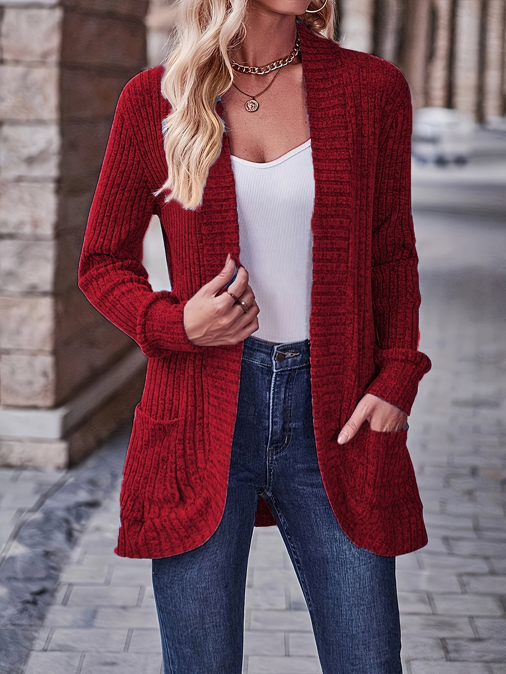 Cardigan Collar Loose Blouse Women Knit Pocket Long Sleeve Solid Color Casual Elegant Top 10 Colors Stretch Everyday Wear S-XXL