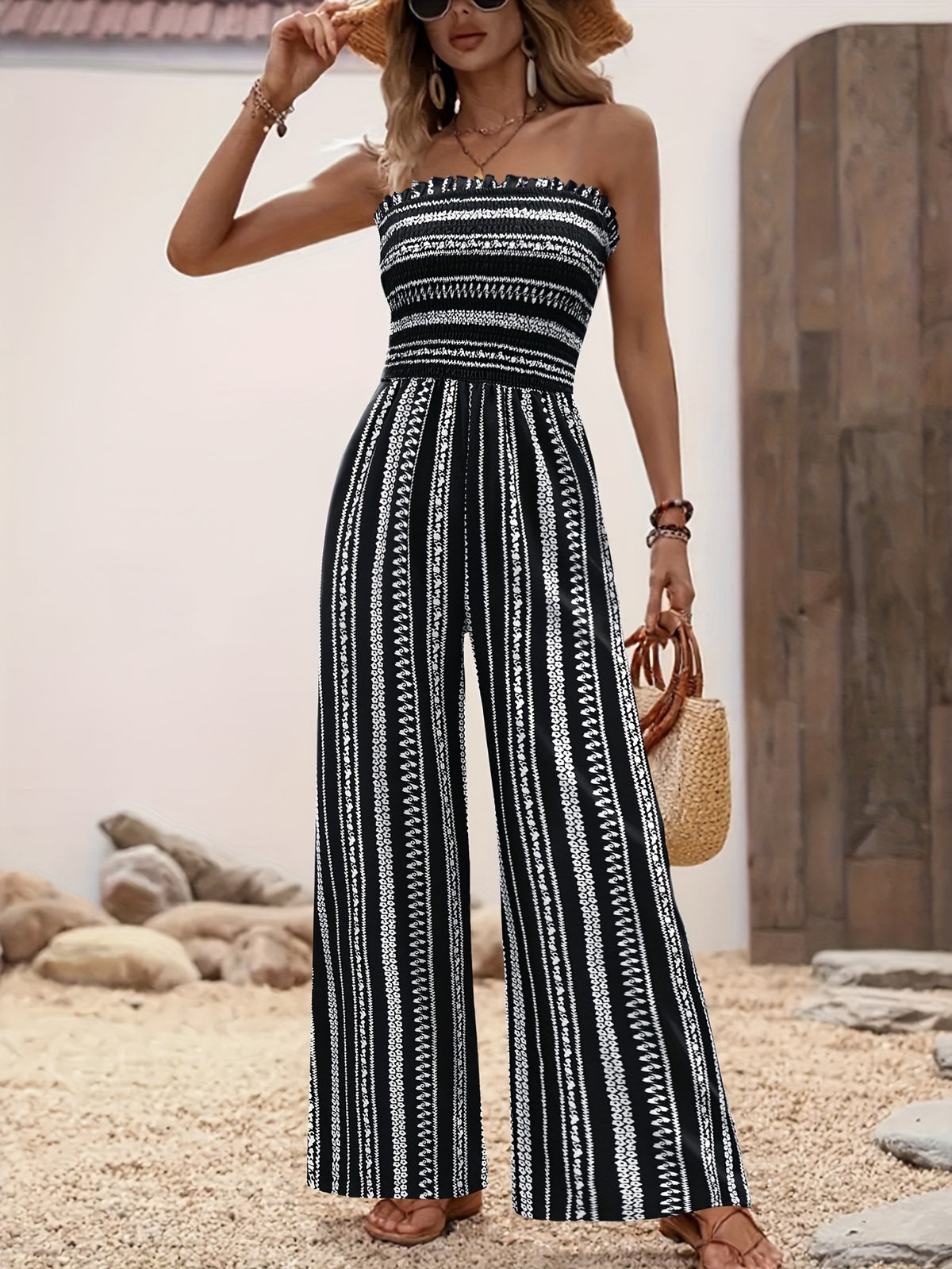 Strapless Striped Wide-Leg Jumpsuit Women Black White Smocked Tube Top Casual Loose Summer Vacation Romper S-XXL