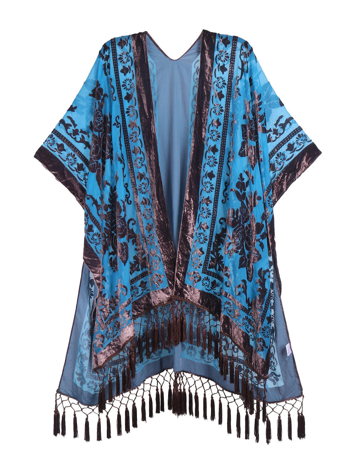 Boho Burnout Velvet Kimono Women Long Cardigan Cover Up Tassel Floral Embroidered One Size