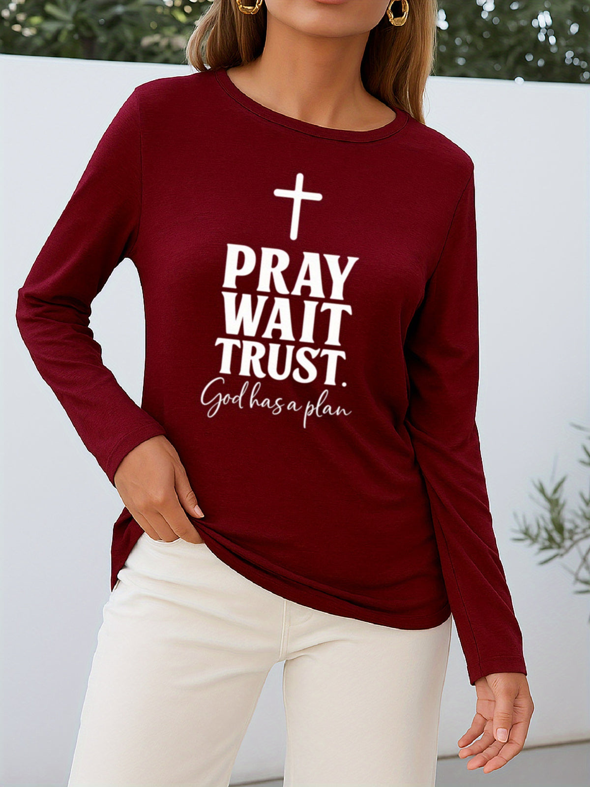 Faith Christian Print Women Long Sleeve T-Shirt Crew Neck Casual Spiritual Graphic Tee Soft Breathable Everyday Top Spring Fall
