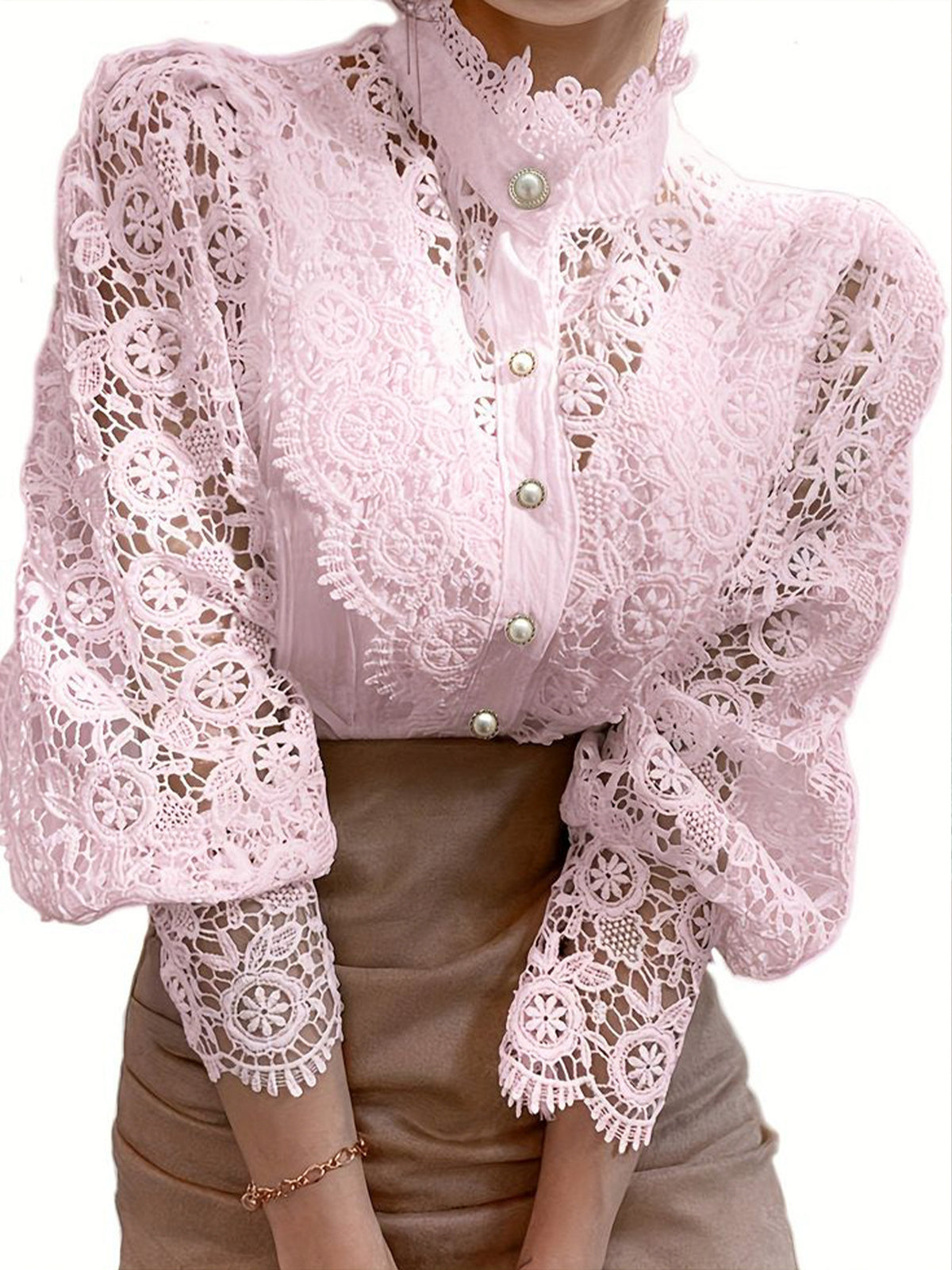 Heavy Lace Stand Collar Blouse for Women – Hollow Flower Long Sleeve Top with Pearl French Buttons, Elegant Solid Color Dressy Shirt