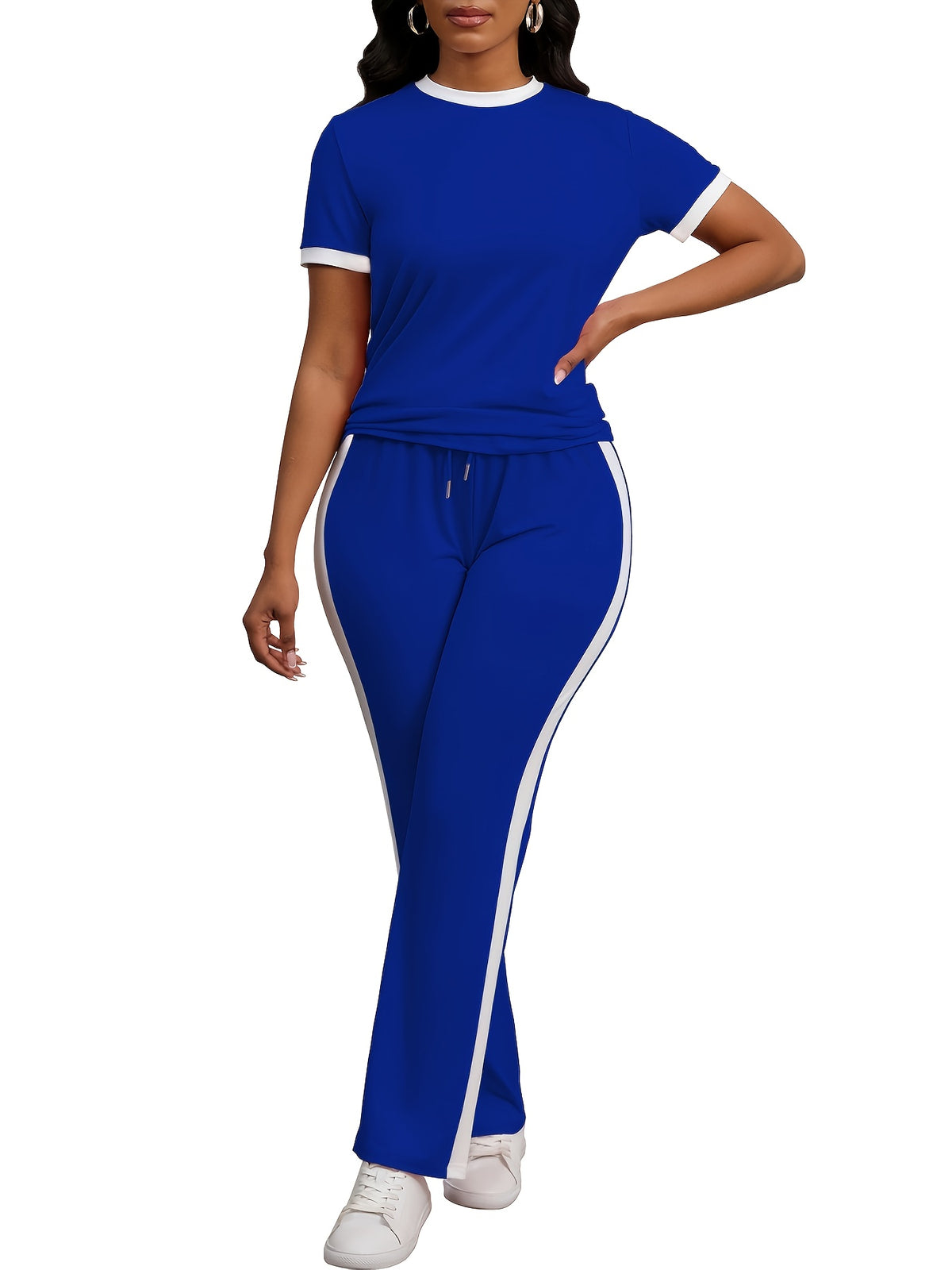 Women Colorblock 2 Piece Tracksuit Set Short Sleeve Crew Neck Top Striped Sweatpants Casual Lounge Jogger Matching Outfit for Workout Everyday Wear