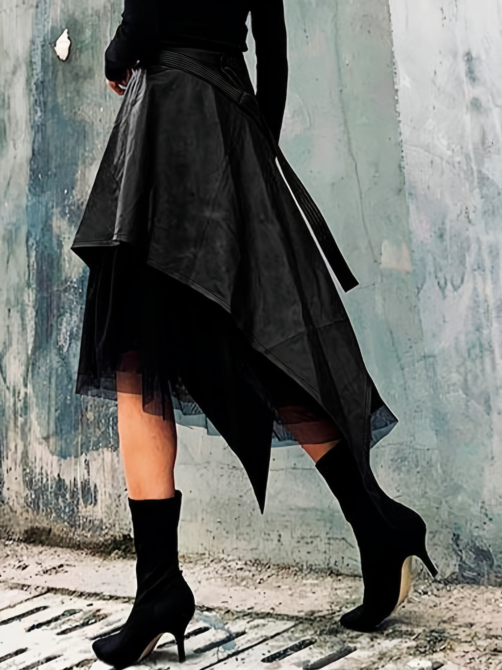Black Asymmetric Lace Hem Skirt for Women, Elegant A-Line Midi Skirt Casual Spring Autumn Fashion Ladies Bottom with Irregular Hem