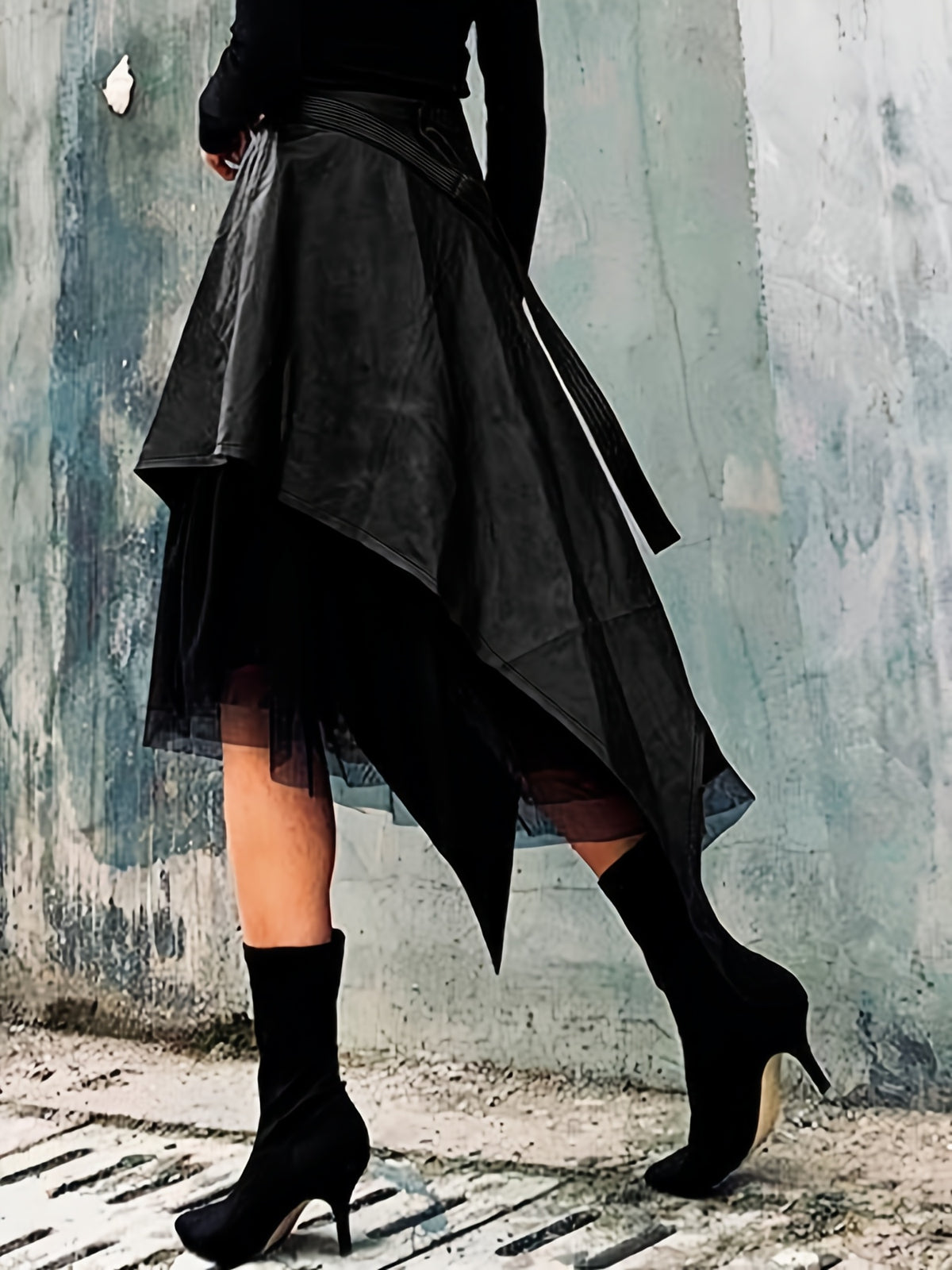 Black Asymmetric Lace Hem Skirt for Women, Elegant A-Line Midi Skirt Casual Spring Autumn Fashion Ladies Bottom with Irregular Hem