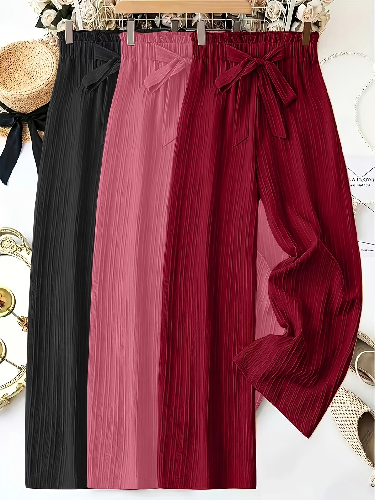 Pleated Wide Leg Pants Women 3 Pack Bow Elastic Waist Loose Straight Leg Long Trousers Spring Summer Daily Commute Casual Versatile S-XXL