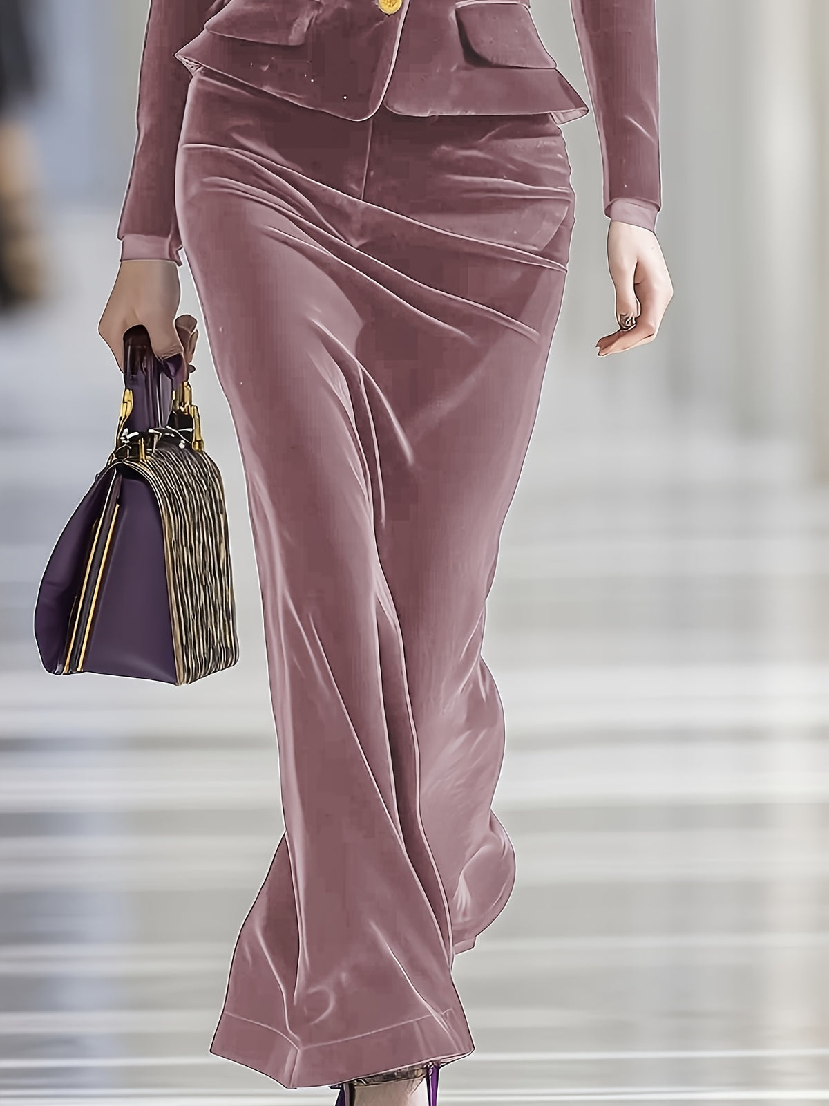 Women's Purple Velvet 2-Piece Suit Set Puff Sleeve Blazer and Maxi Skirt Elegant Autumn Winter Gala Dinner Evening Formal Outfit