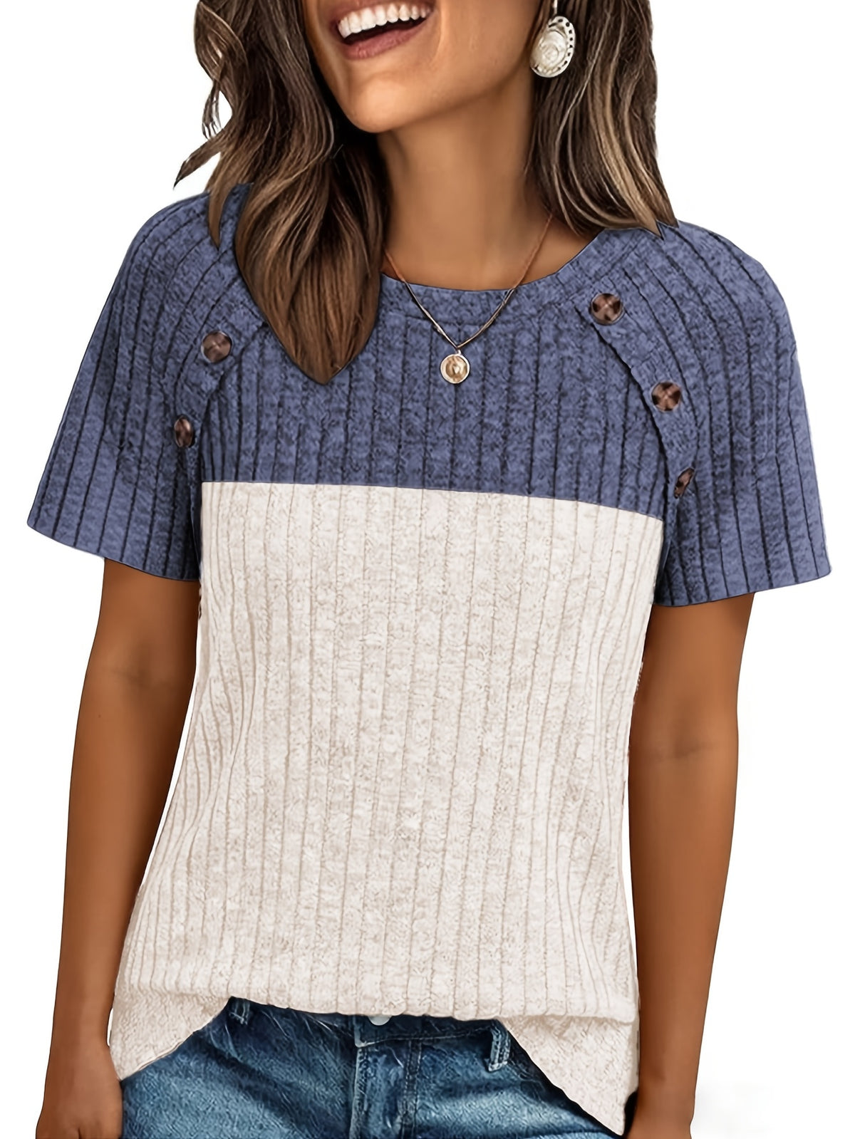Two-Color Button Tie Neck Top Women Casual Loose Short Sleeve Pullover Elegant Basic Blouse Spring Summer S-XXL