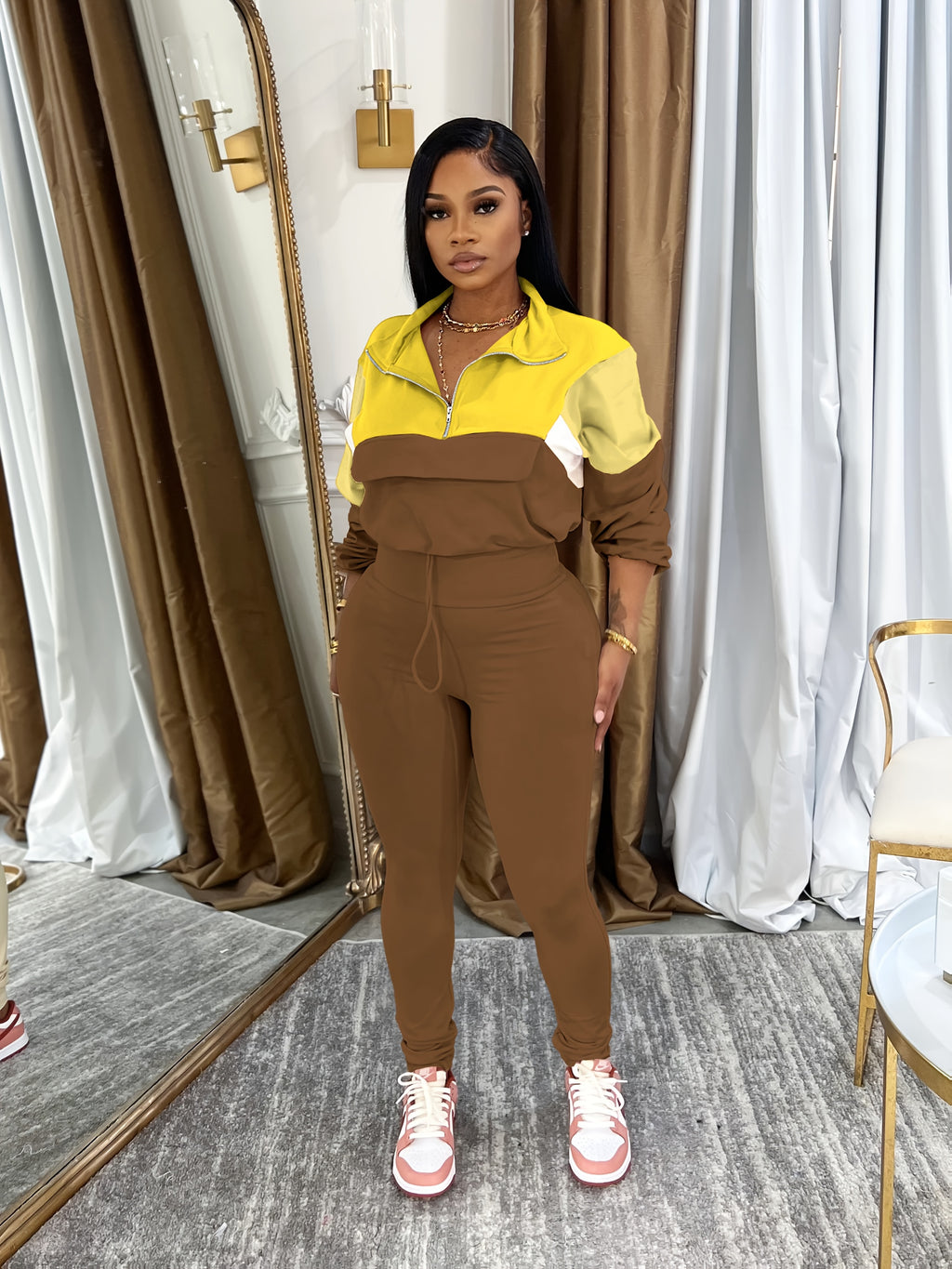 Lapel Crew Neck Sweatsuit Set for Women – Half-Zip Long Sleeve Sweatshirt & Sweatpants 2-Piece Casual Outfit, Solid Color Fall Winter Loungewear