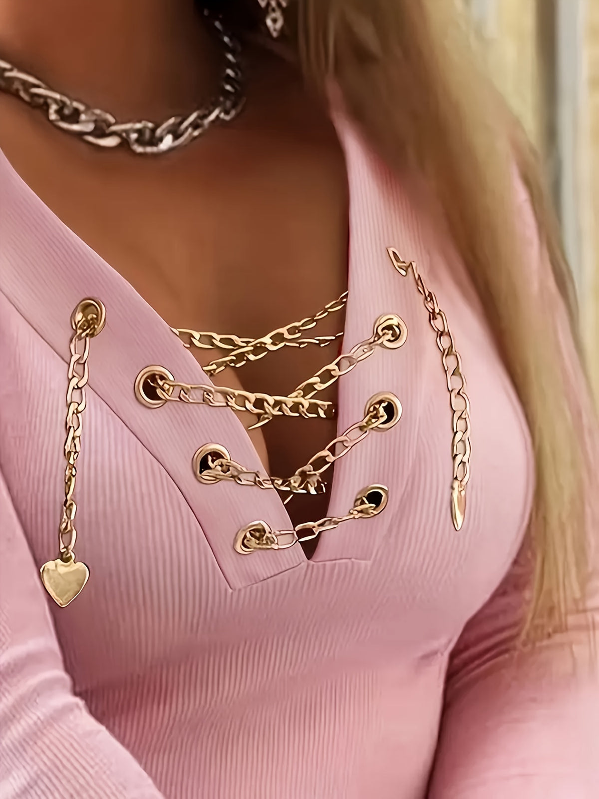 Metal Chain V-Neck Women Long Sleeve Top Slim Fit Elegant Casual Blouse Chic Embellished Spring Fall Winter Shirt