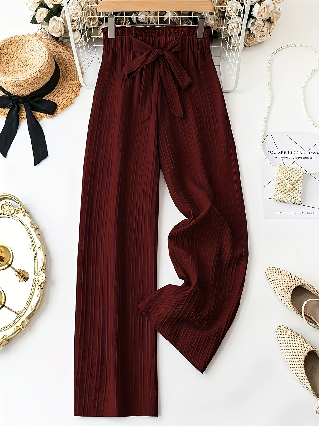 Pleated Wide Leg Pants Women 3 Pack Bow Elastic Waist Loose Straight Leg Long Trousers Spring Summer Daily Commute Casual Versatile S-XXL