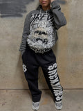 Women's Hip-Hop Hoodie Jogger Set Allover Print Long Sleeve Drawstring Tracksuit Casual Outfit Grey XS-XXL