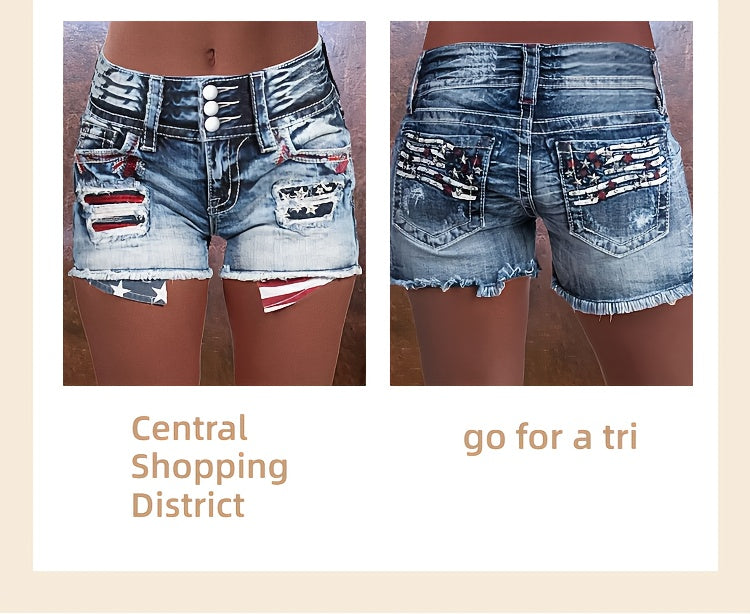 Stretch Denim Shorts for Women - Retro Color Block Embroidery Mid Rise Slim Fit, Built-In Zipper Machine Washable Cotton Blue Casual Jean Shorts for Spring Summer