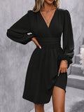 Lantern Sleeve Pleated Waist Midi Dress Women V-Neck A-Line Solid Color Casual Daily Spring Fall Elegant Dress S-XXL