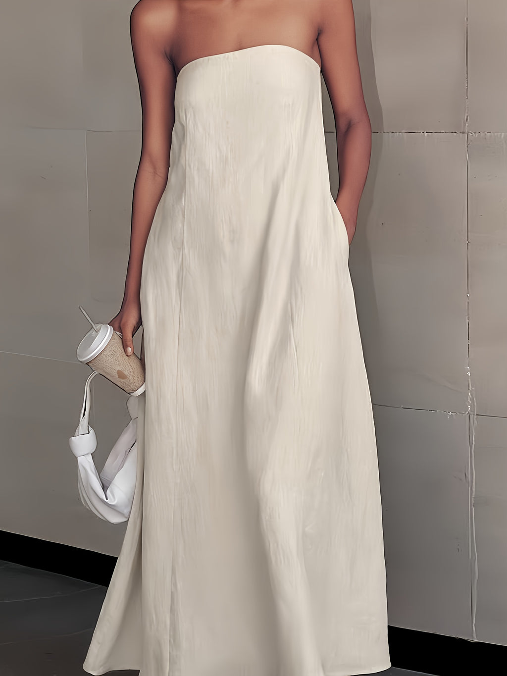 Linen Strapless Backless Long Dress for Women High Waist Patchwork Pocket Solid Color Lightweight Casual Vacation Maxi Dress Spring Summer