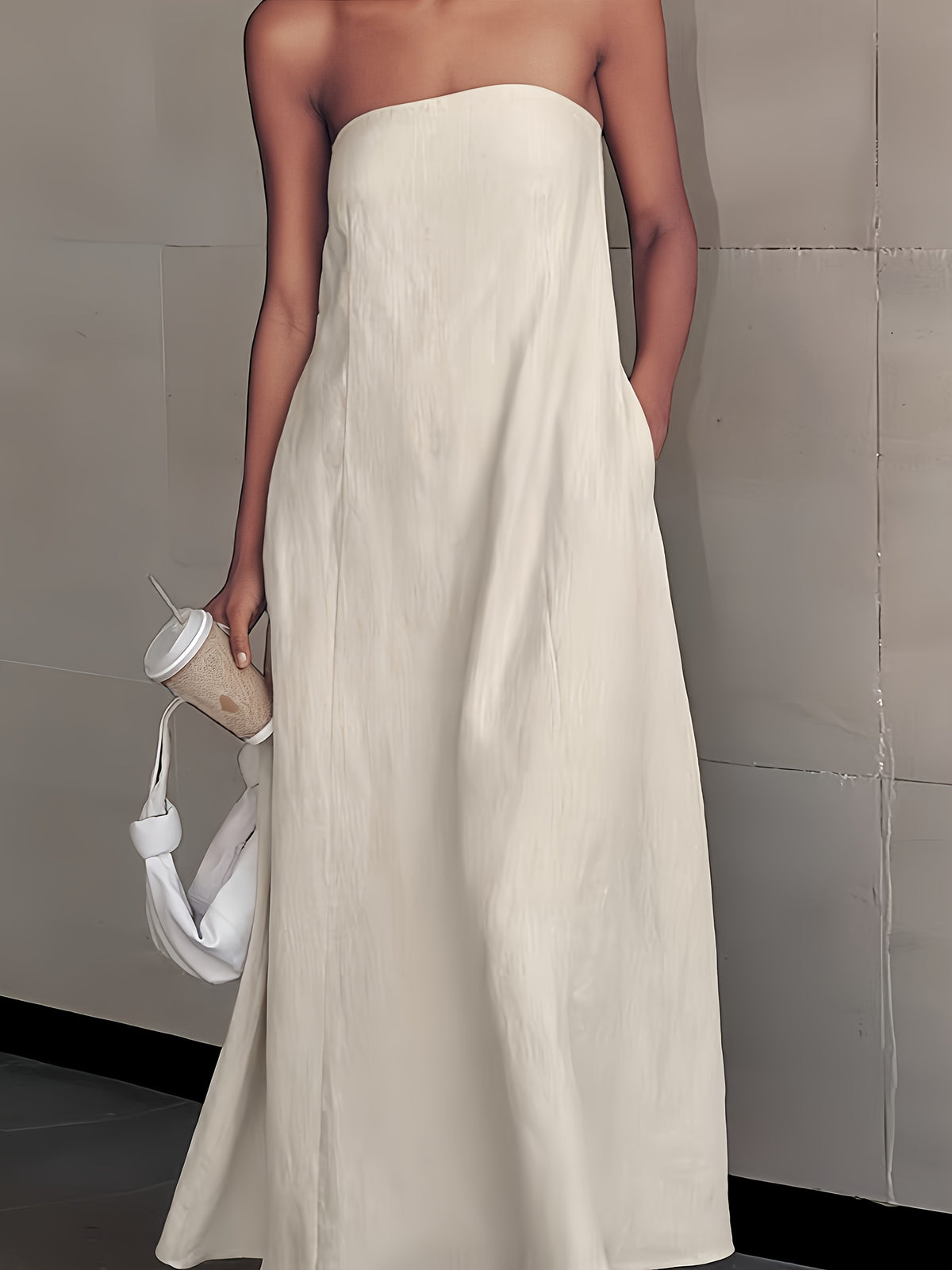 Linen Strapless Backless Long Dress for Women High Waist Patchwork Pocket Solid Color Lightweight Casual Vacation Maxi Dress Spring Summer