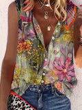 Women's Floral Print Sleeveless Button-Up Shirt Casual Loose Fit Blouse with Front Buttons