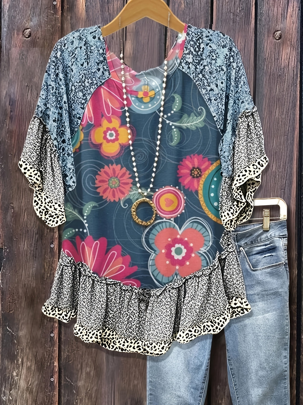 Floral Leopard Patchwork Blouse Women Mixed Print Loose Top Flared Three-Quarter Sleeves Casual Boho Chic Fashion Top S-XXL