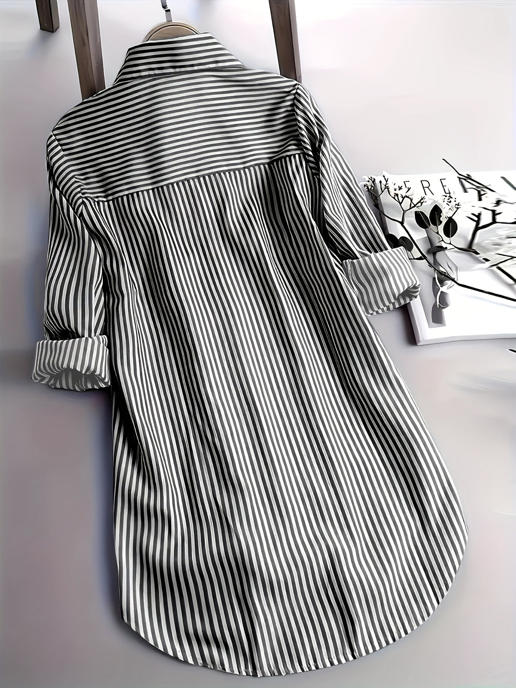 Striped Long Sleeve Shirt Women Loose Fit Woven Casual Blouse Spring Fall Top 2 Colors S-XXL