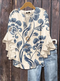 Women's V-Neck Boho Print Ruffle Three Quarter Sleeve Top Casual Holiday Vacation Blouse Apricot S-XXL