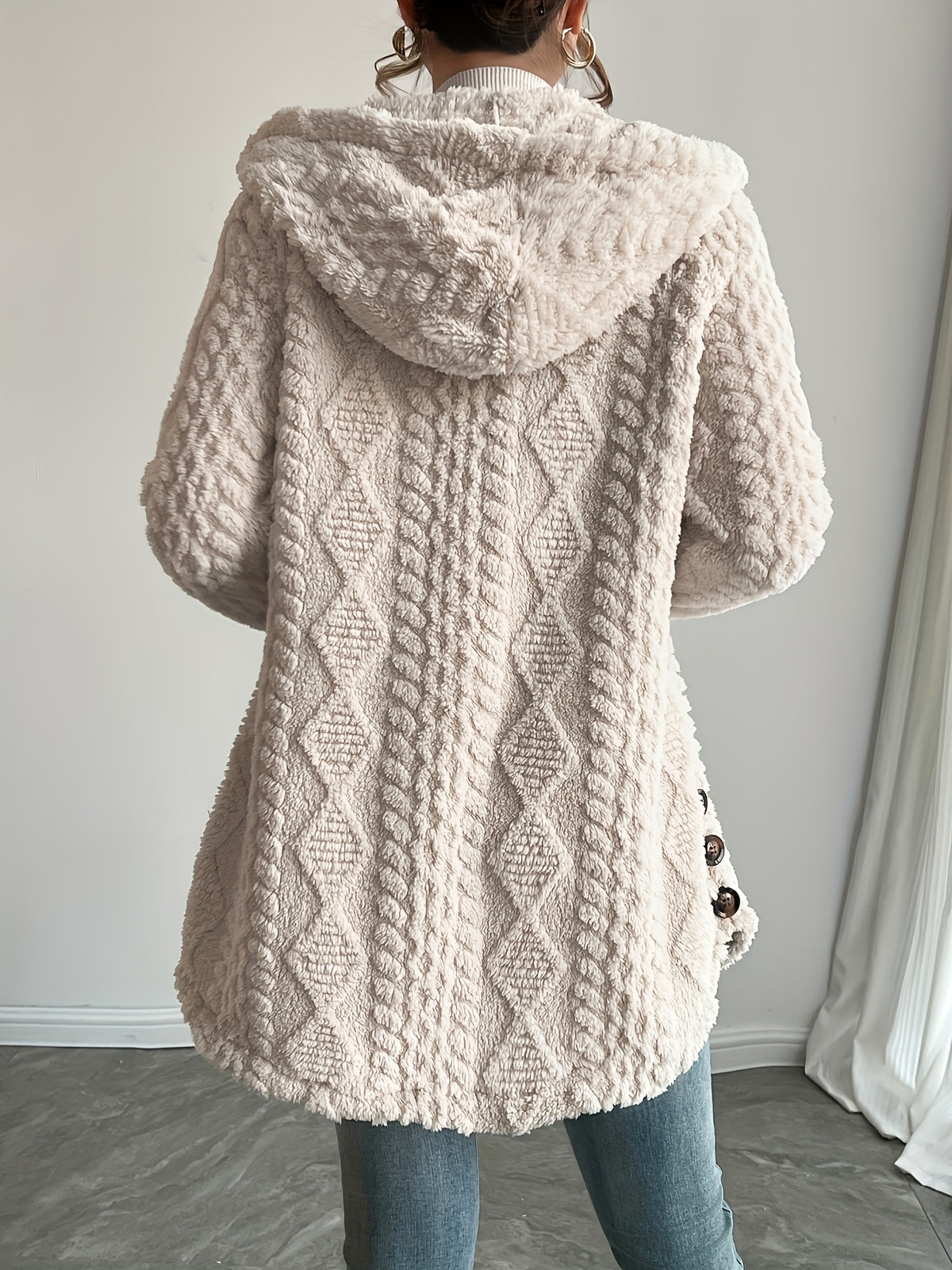 Hooded Fuzzy Coat Women Mid-Length Jacket with Buttons Soft Warm Fleece Fall Winter Outerwear 5 Colors S-XXL