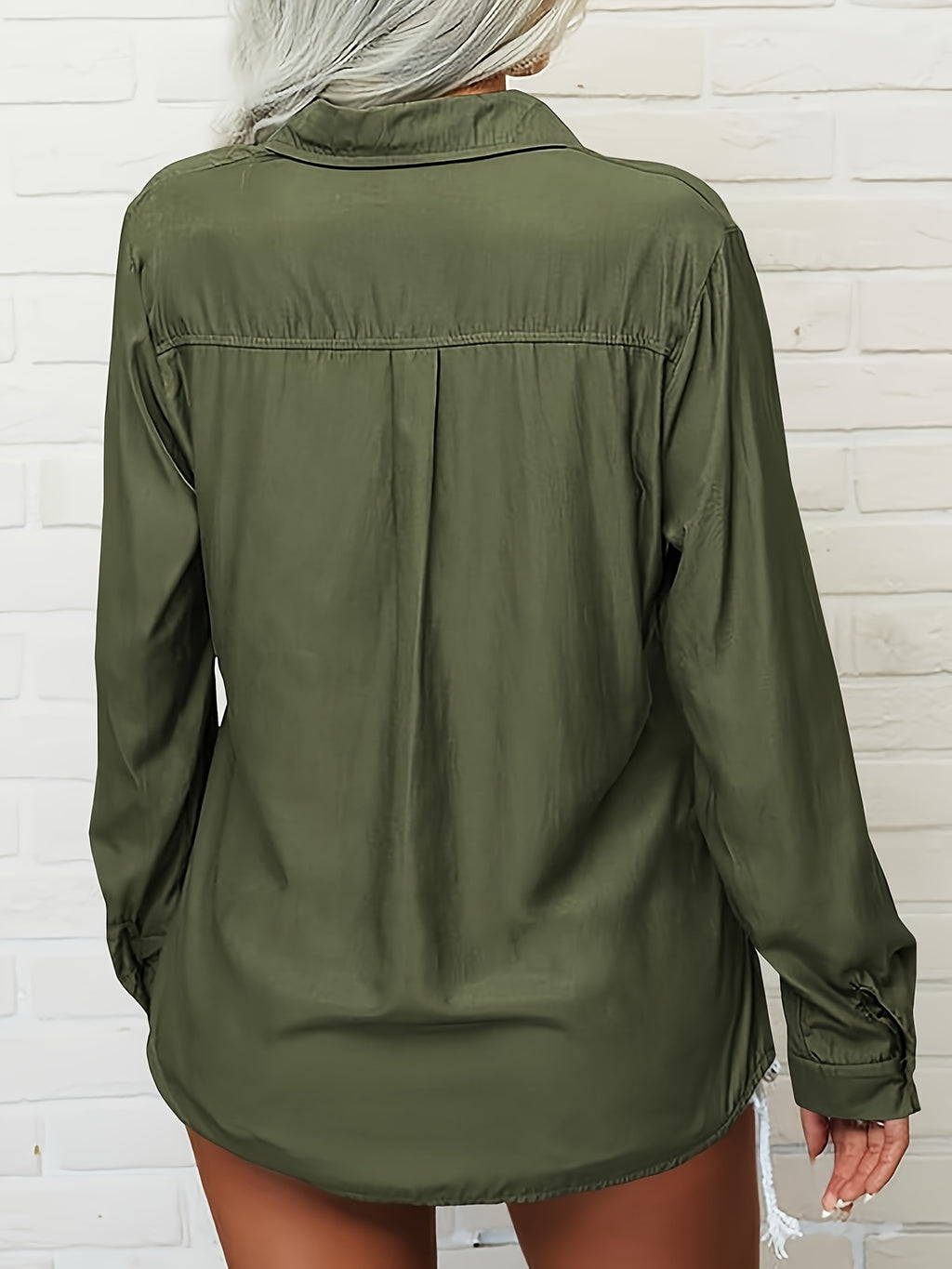 Women's V-Neck Button Down Blouse Slim Fit Lapel Collar Long Sleeve Work Shirt with Chest Pocket Roll-Up Cuffs