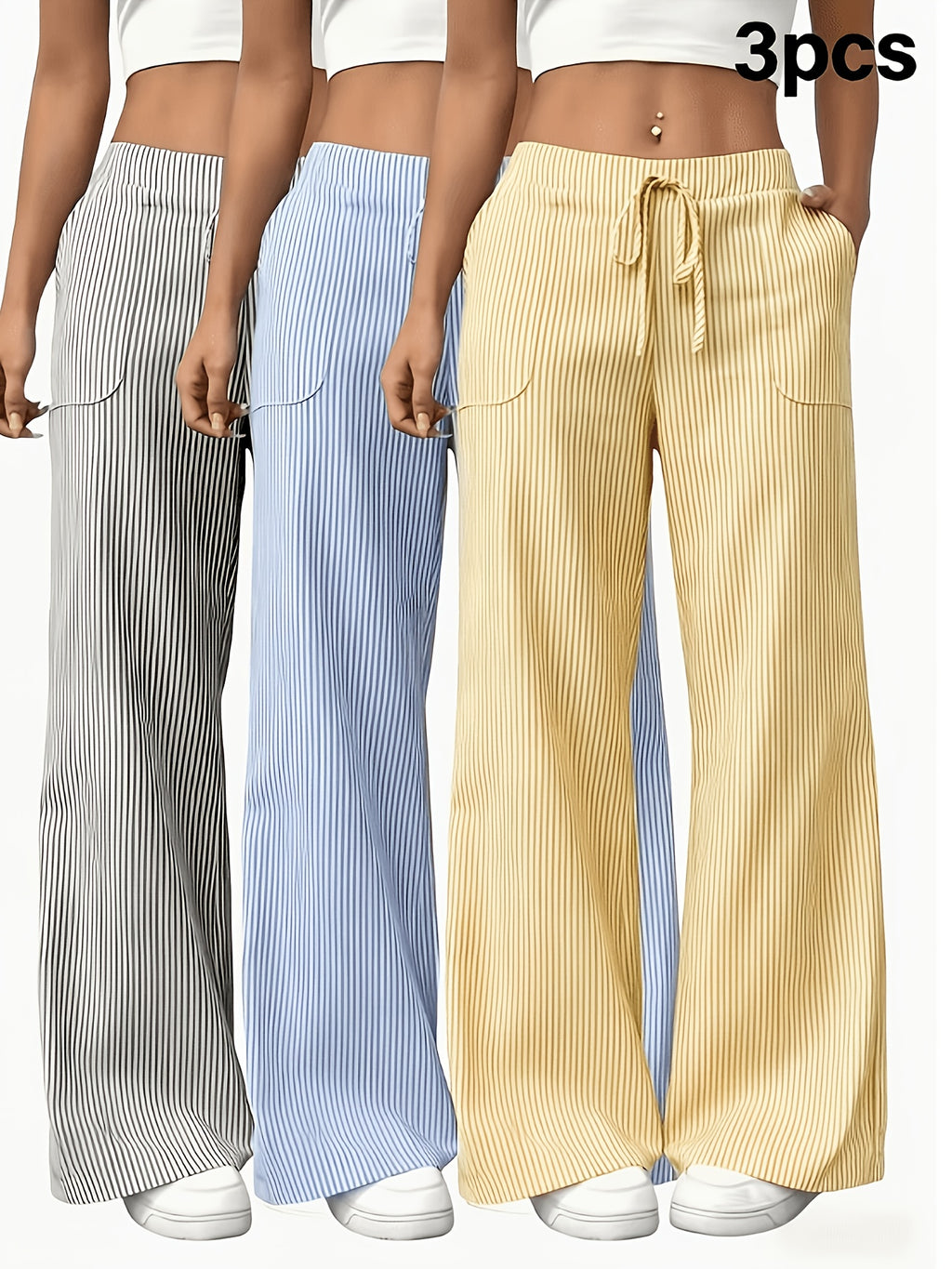 3 Piece Striped Wide Leg Lounge Pants Set Women Elastic Waist Casual Jogger Loose Fit Machine Washable Spring Summer Fall