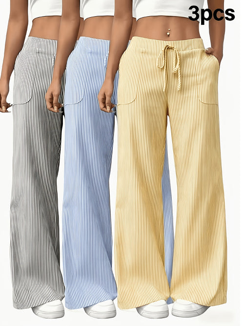 3 Piece Striped Wide Leg Lounge Pants Set Women Elastic Waist Casual Jogger Loose Fit Machine Washable Spring Summer Fall